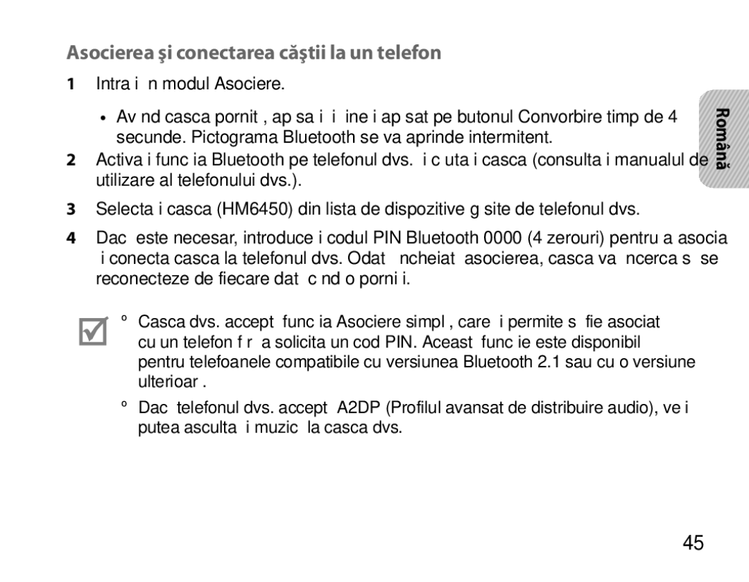 Samsung BHM6450EMEGXET, BHM6450EMEGXEH, BHM6450EMEGHAT manual Asocierea şi conectarea căştii la un telefon 