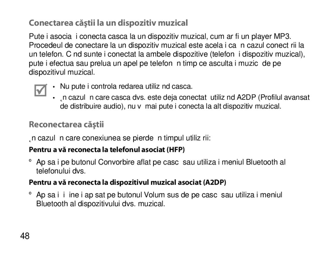 Samsung BHM6450EMEGXET, BHM6450EMEGXEH, BHM6450EMEGHAT manual Conectarea căştii la un dispozitiv muzical, Reconectarea căştii 