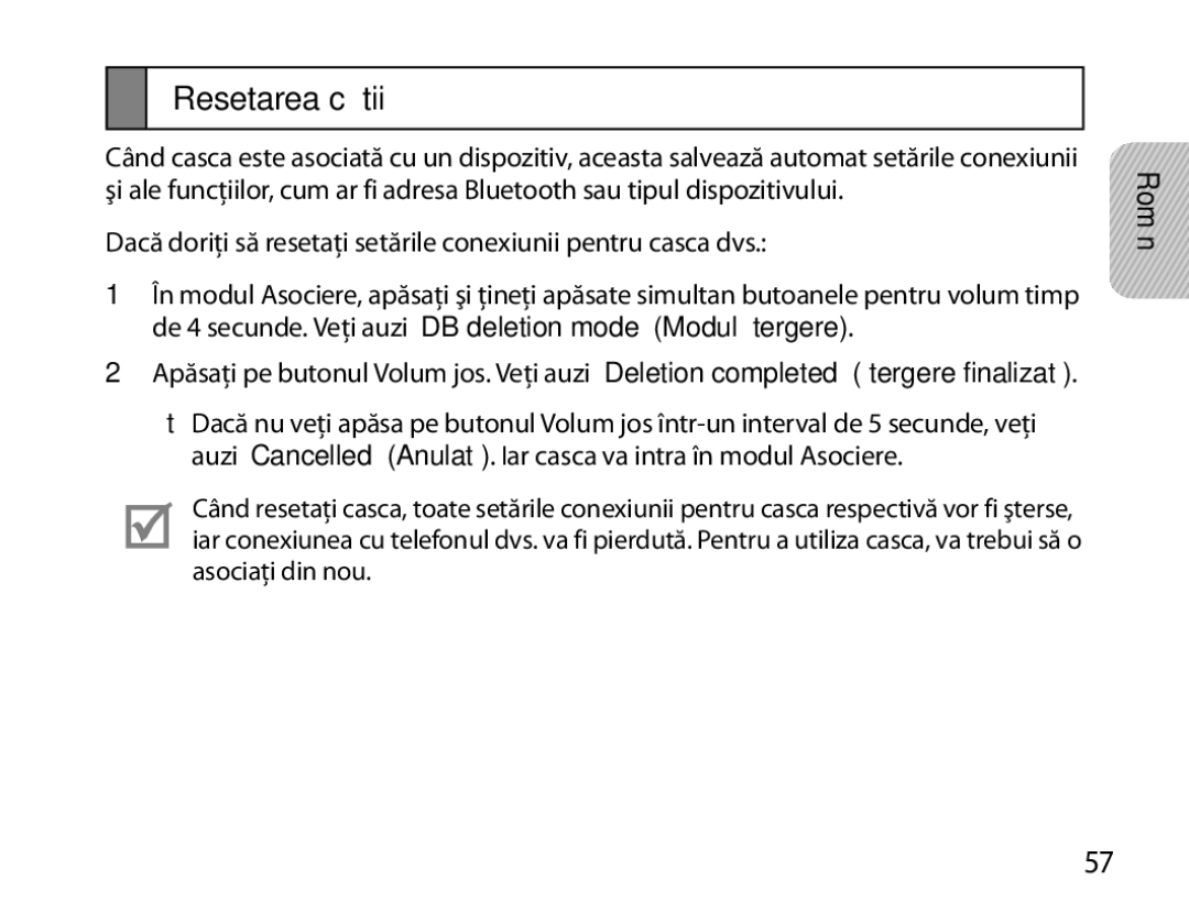 Samsung BHM6450EMEGXET, BHM6450EMEGXEH, BHM6450EMEGHAT manual Resetarea căştii 