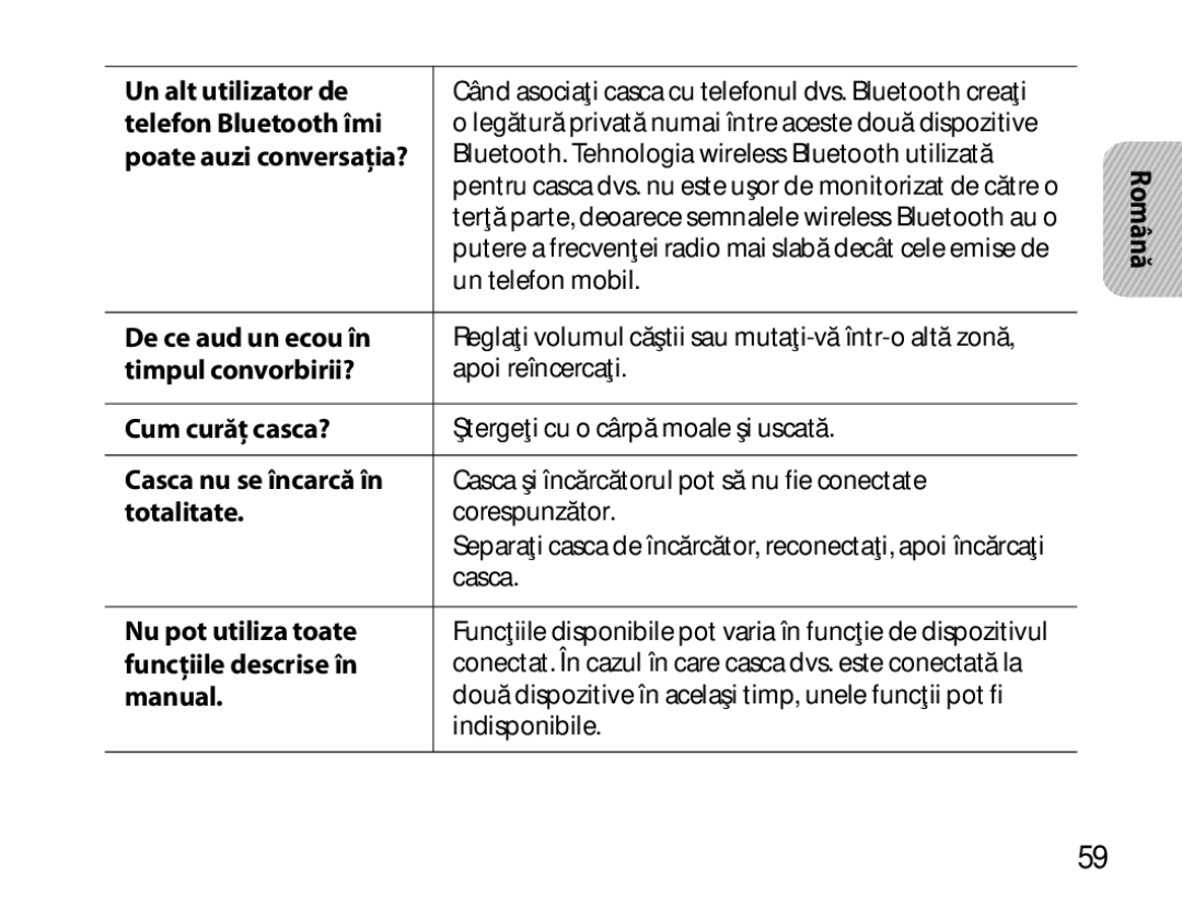 Samsung BHM6450EMEGHAT manual Un alt utilizator de, Telefon Bluetooth îmi, Poate auzi conversaţia?, De ce aud un ecou în 