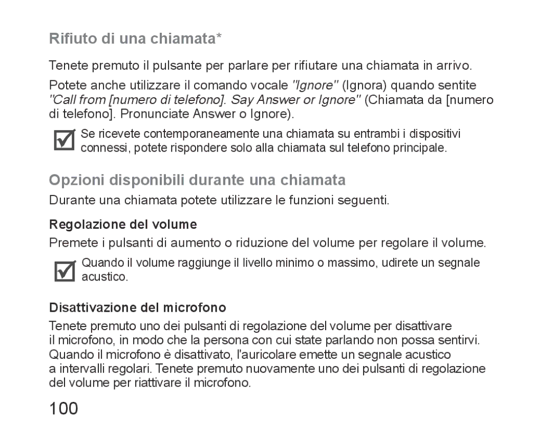 Samsung BHM6450EMEGXET 100, Rifiuto di una chiamata, Opzioni disponibili durante una chiamata, Regolazione del volume 