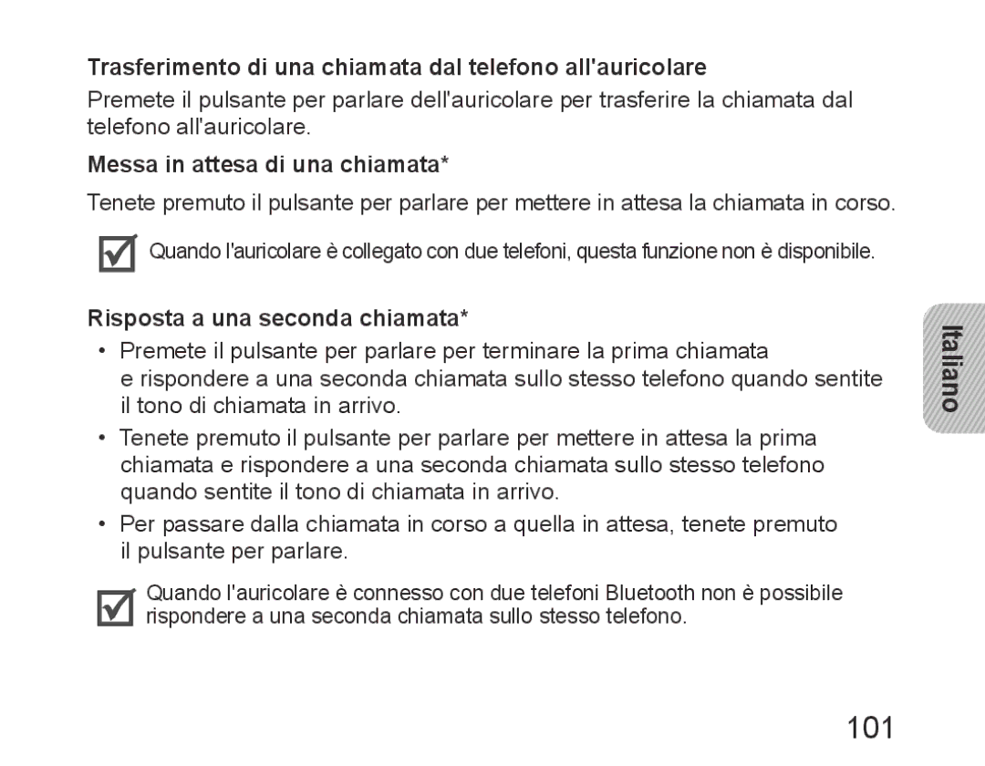 Samsung BHM6450EMEGXEH 101, Trasferimento di una chiamata dal telefono allauricolare, Messa in attesa di una chiamata 