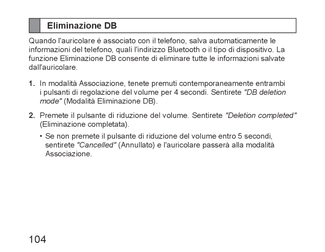 Samsung BHM6450EMEGXEH, BHM6450EMEGXET, BHM6450EMEGHAT manual 104, Eliminazione DB 