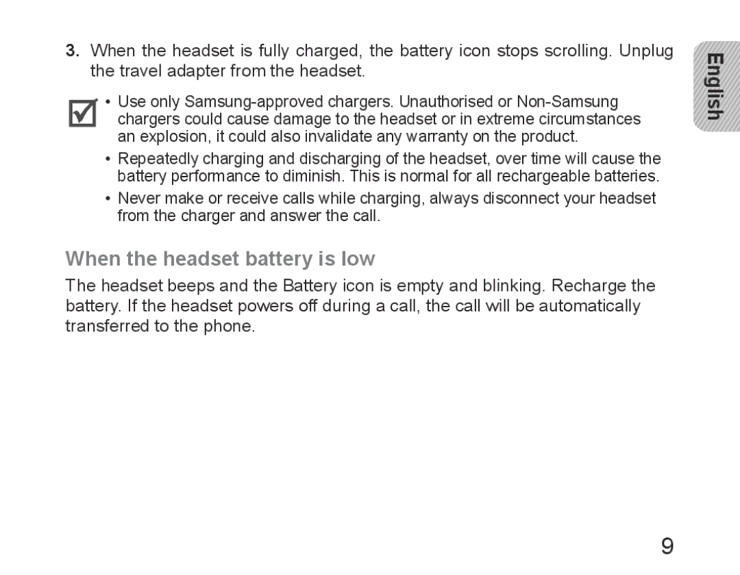 Samsung BHM6450EMEGHAT, BHM6450EMEGXET, BHM6450EMEGXEH manual When the headset battery is low 