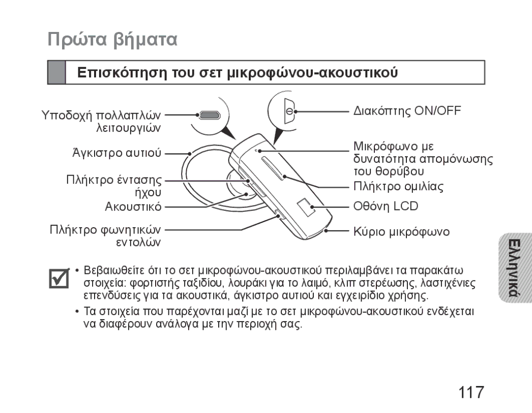 Samsung BHM6450EMEGHAT, BHM6450EMEGXET, BHM6450EMEGXEH manual Πρώτα βήματα, 117, Επισκόπηση του σετ μικροφώνου-ακουστικού 