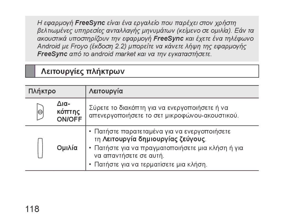 Samsung BHM6450EMEGXET, BHM6450EMEGXEH, BHM6450EMEGHAT manual 118, Λειτουργίες πλήκτρων, Πλήκτρο Λειτουργία Δια­, Κόπτης 