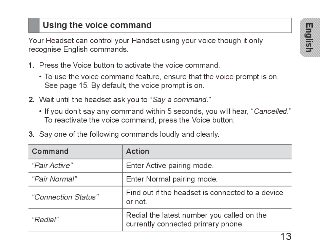 Samsung BHM6450EMEGXET, BHM6450EMEGXEH, BHM6450EMEGHAT manual Using the voice command, Command Action 