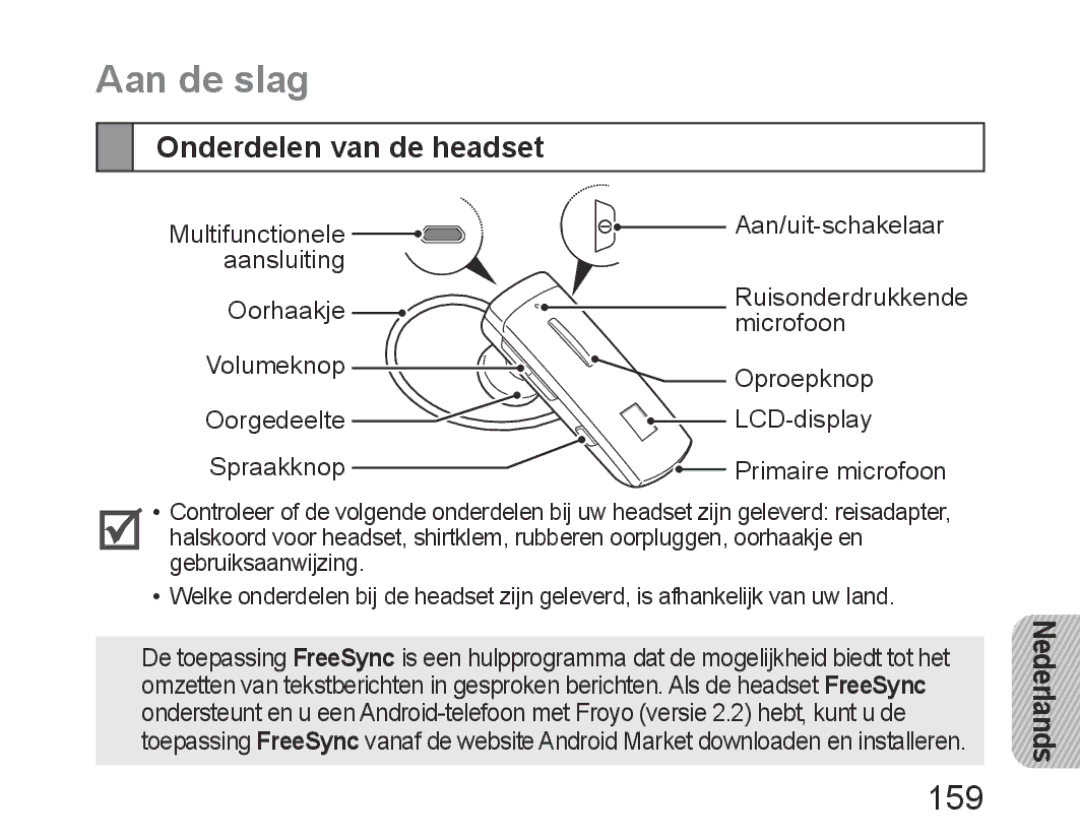 Samsung BHM6450EMEGHAT, BHM6450EMEGXET, BHM6450EMEGXEH manual Aan de slag, 159, Onderdelen van de headset 