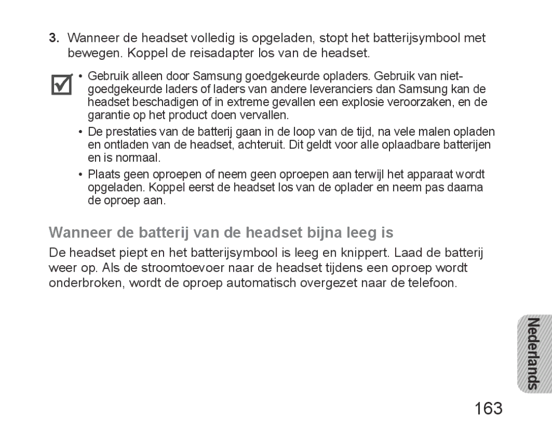 Samsung BHM6450EMEGXET, BHM6450EMEGXEH, BHM6450EMEGHAT manual 163, Wanneer de batterij van de headset bijna leeg is 