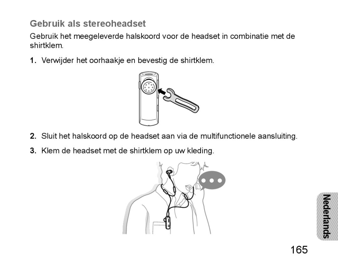 Samsung BHM6450EMEGHAT, BHM6450EMEGXET, BHM6450EMEGXEH manual 165, Gebruik als stereoheadset 