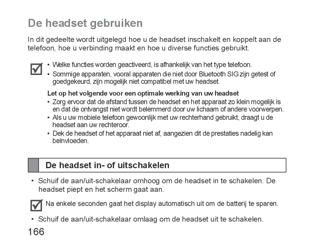 Samsung BHM6450EMEGXET, BHM6450EMEGXEH, BHM6450EMEGHAT manual De headset gebruiken, 166, De headset in- of uitschakelen 