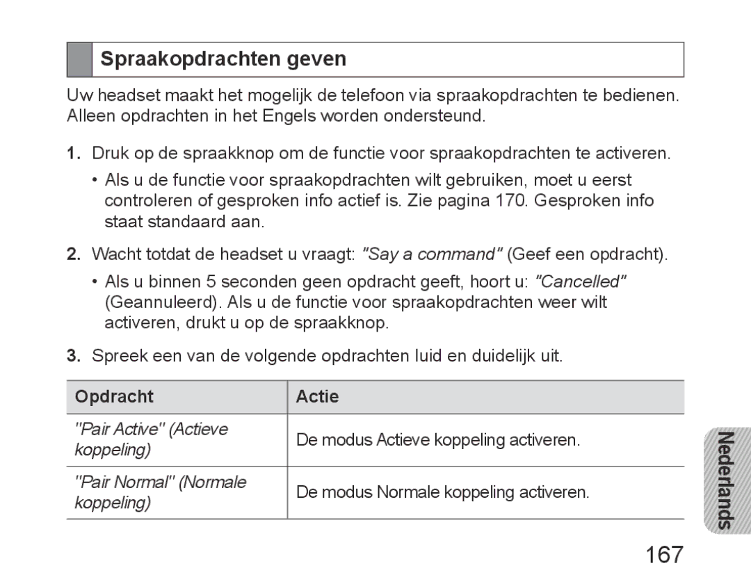 Samsung BHM6450EMEGXEH, BHM6450EMEGXET, BHM6450EMEGHAT manual 167, Spraakopdrachten geven, Opdracht Actie 