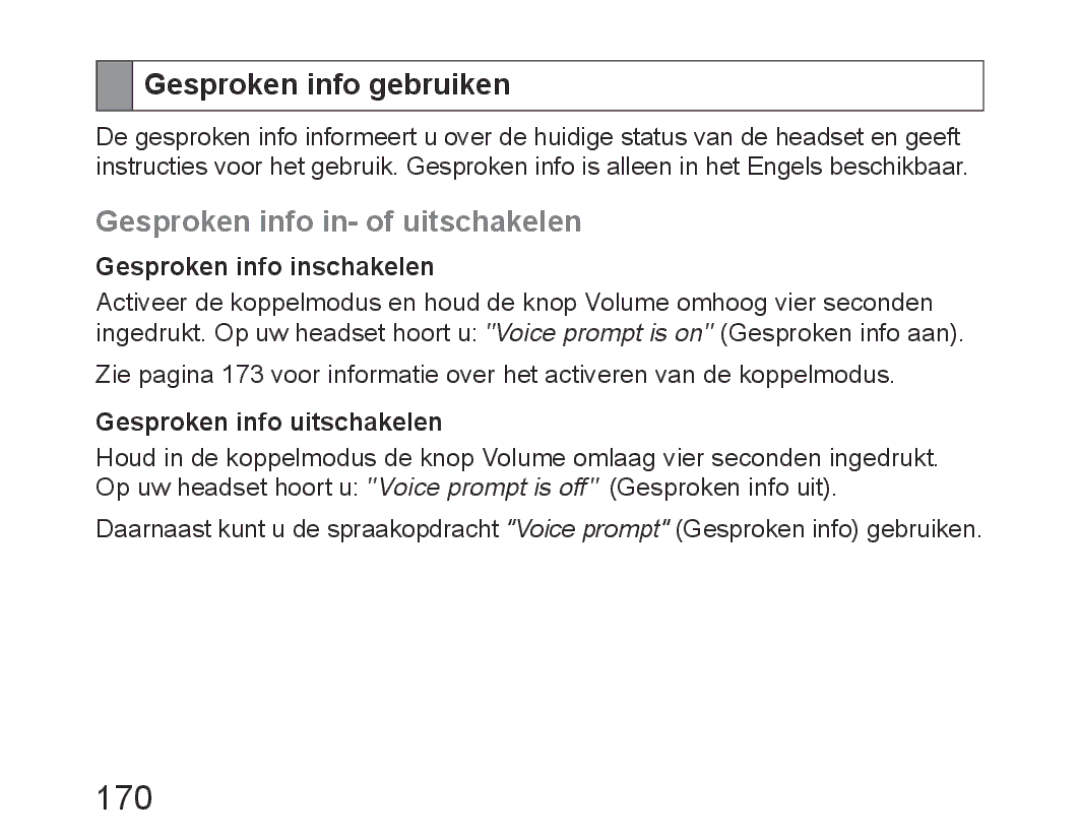 Samsung BHM6450EMEGXEH manual 170, Gesproken info gebruiken, Gesproken info in- of uitschakelen, Gesproken info inschakelen 