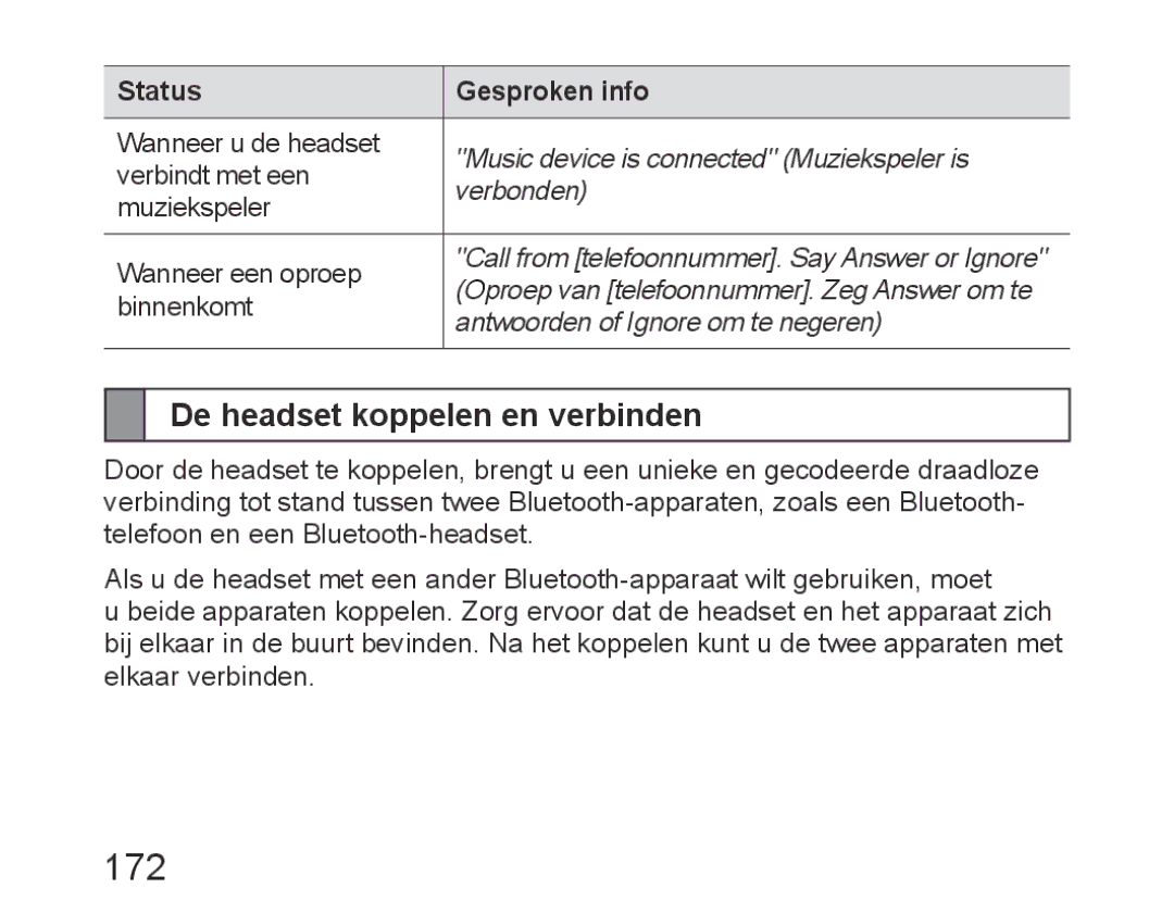 Samsung BHM6450EMEGXET, BHM6450EMEGXEH, BHM6450EMEGHAT manual 172, De headset koppelen en verbinden, Status Gesproken info 