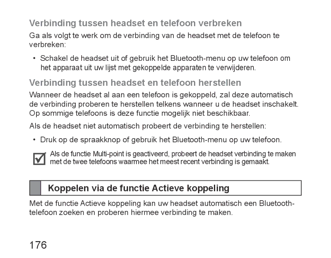 Samsung BHM6450EMEGXEH 176, Verbinding tussen headset en telefoon verbreken, Koppelen via de functie Actieve koppeling 