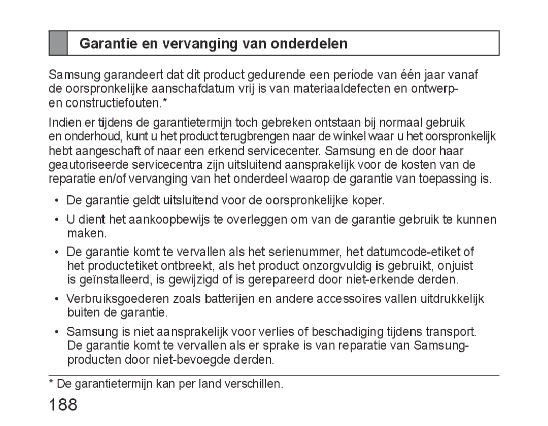 Samsung BHM6450EMEGXEH, BHM6450EMEGXET, BHM6450EMEGHAT manual 188, Garantie en vervanging van onderdelen 