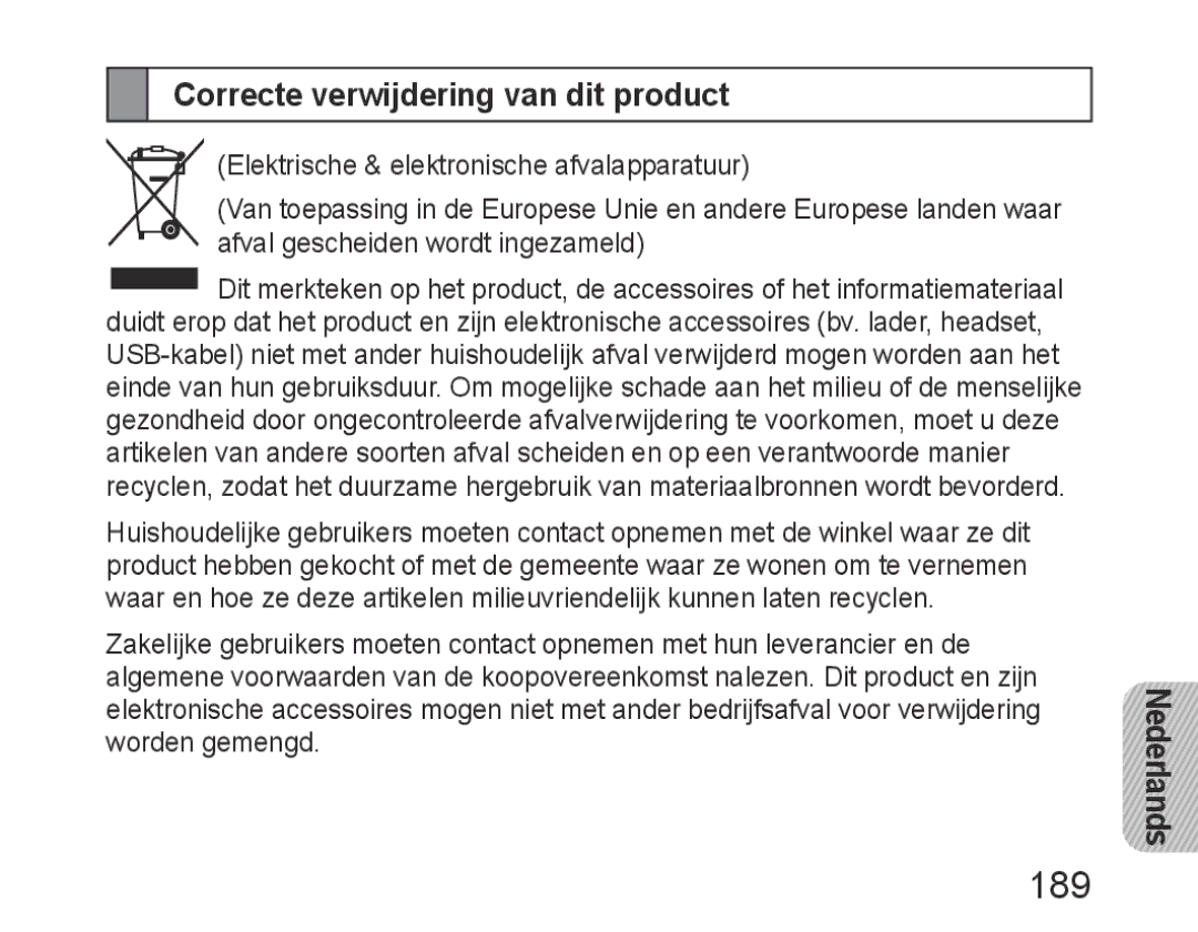 Samsung BHM6450EMEGHAT, BHM6450EMEGXET, BHM6450EMEGXEH manual 189, Correcte verwijdering van dit product 