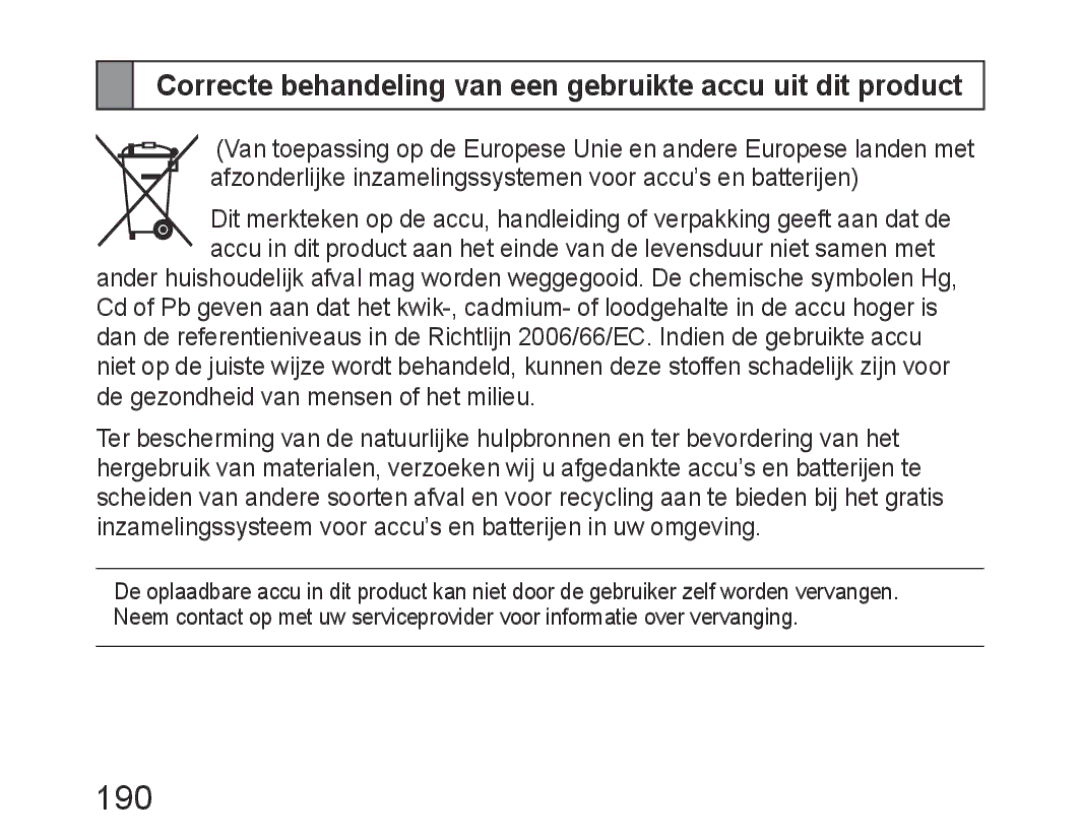 Samsung BHM6450EMEGXET, BHM6450EMEGXEH, BHM6450EMEGHAT 190, Correcte behandeling van een gebruikte accu uit dit product 