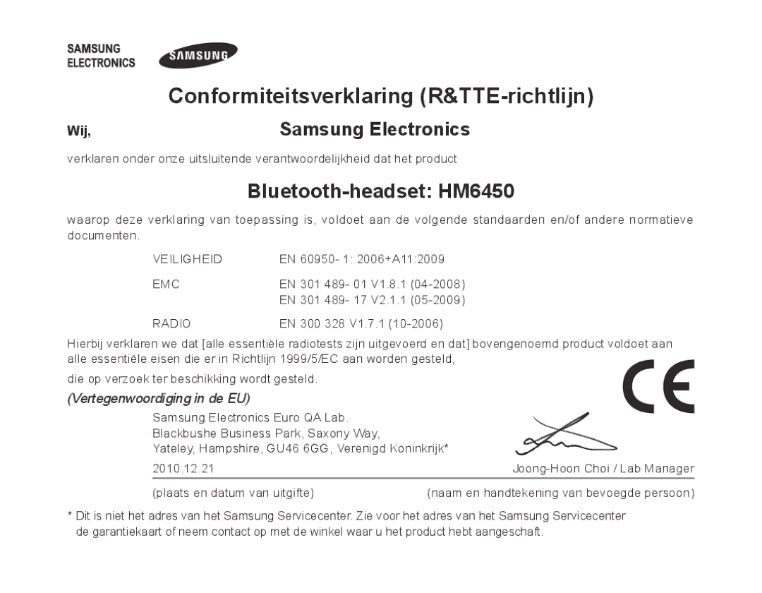 Samsung BHM6450EMEGHAT, BHM6450EMEGXET, BHM6450EMEGXEH Conformiteitsverklaring R&TTE-richtlijn, Bluetooth-headset HM6450 