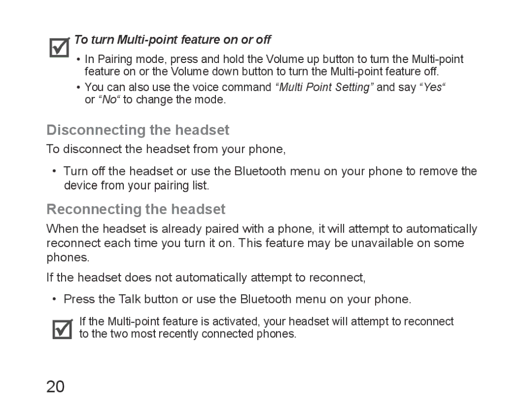 Samsung BHM6450EMEGXEH manual Disconnecting the headset, Reconnecting the headset, To turn Multi-point feature on or off 