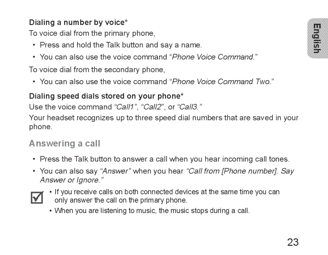 Samsung BHM6450EMEGXEH manual Answering a call, Dialing a number by voice, Dialing speed dials stored on your phone 