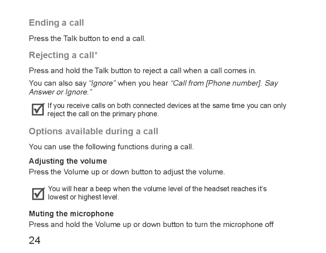 Samsung BHM6450EMEGHAT manual Ending a call, Rejecting a call, Options available during a call, Adjusting the volume 