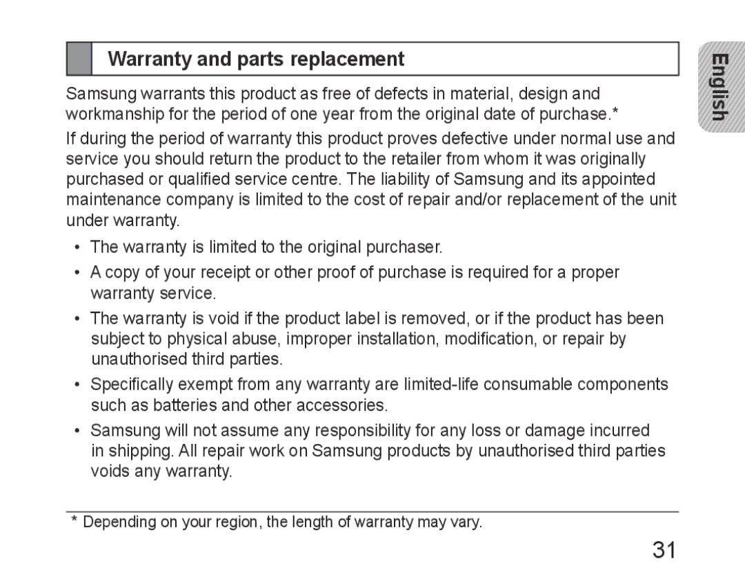 Samsung BHM6450EMEGXET, BHM6450EMEGXEH, BHM6450EMEGHAT manual Warranty and parts replacement 