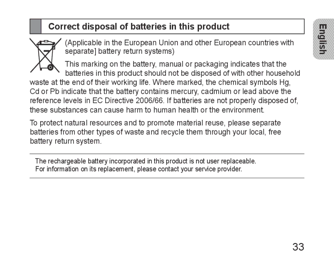 Samsung BHM6450EMEGHAT, BHM6450EMEGXET, BHM6450EMEGXEH manual Correct disposal of batteries in this product 