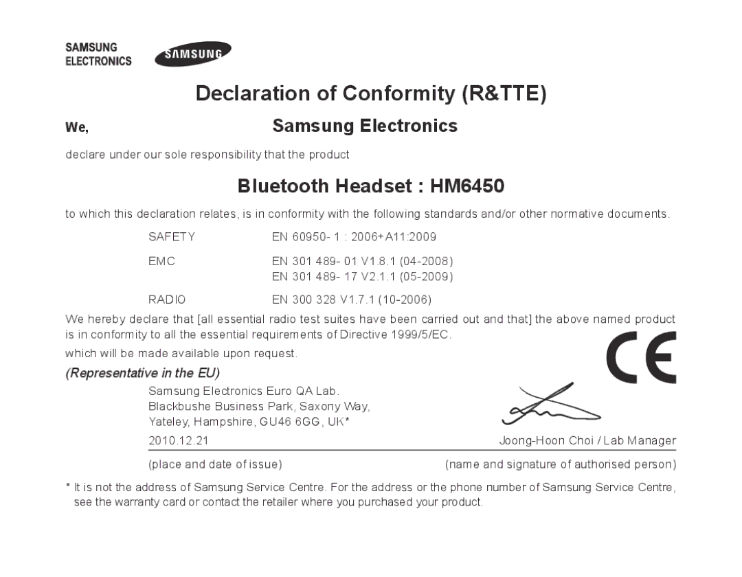 Samsung BHM6450EMEGHAT, BHM6450EMEGXET manual Declaration of Conformity R&TTE, Bluetooth Headset HM6450, Samsung Electronics 