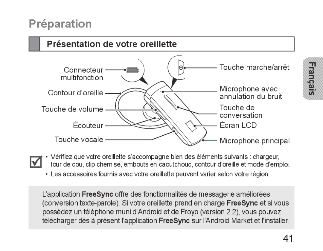 Samsung BHM6450EMEGXEH, BHM6450EMEGXET, BHM6450EMEGHAT manual Préparation, Présentation de votre oreillette 