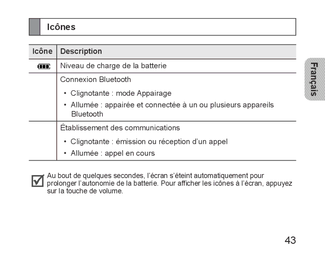 Samsung BHM6450EMEGXET, BHM6450EMEGXEH, BHM6450EMEGHAT manual Icônes, Icône Description 