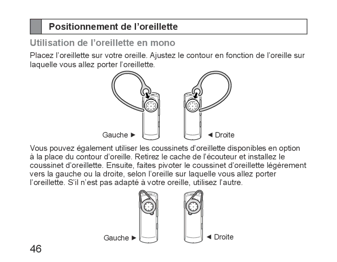 Samsung BHM6450EMEGXET, BHM6450EMEGXEH, BHM6450EMEGHAT Positionnement de l’oreillette, Utilisation de l’oreillette en mono 