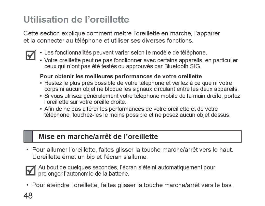 Samsung BHM6450EMEGHAT, BHM6450EMEGXET, BHM6450EMEGXEH Utilisation de l’oreillette, Mise en marche/arrêt de l’oreillette 