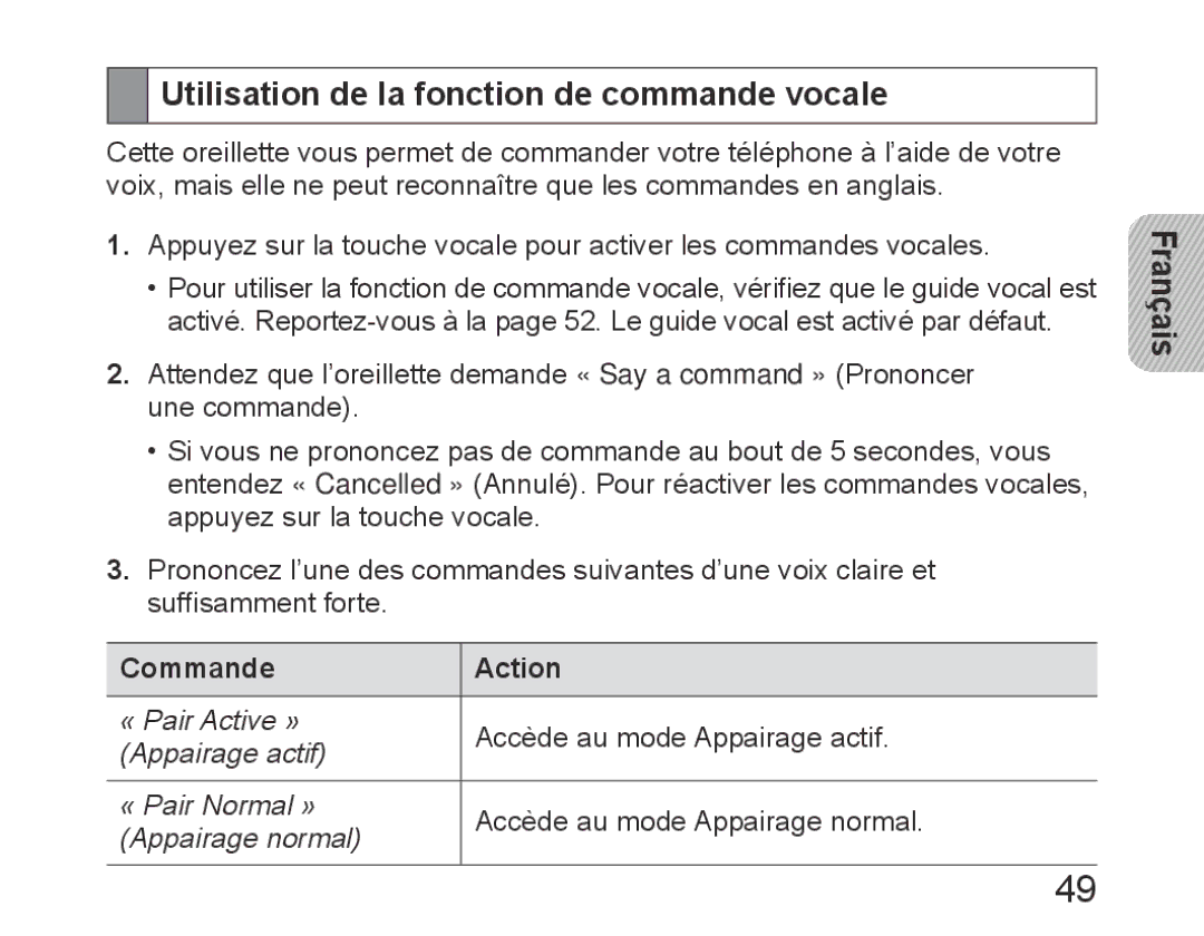 Samsung BHM6450EMEGXET, BHM6450EMEGXEH, BHM6450EMEGHAT manual Utilisation de la fonction de commande vocale, Commande Action 