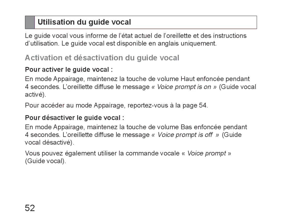 Samsung BHM6450EMEGXET Utilisation du guide vocal, Activation et désactivation du guide vocal, Pour activer le guide vocal 