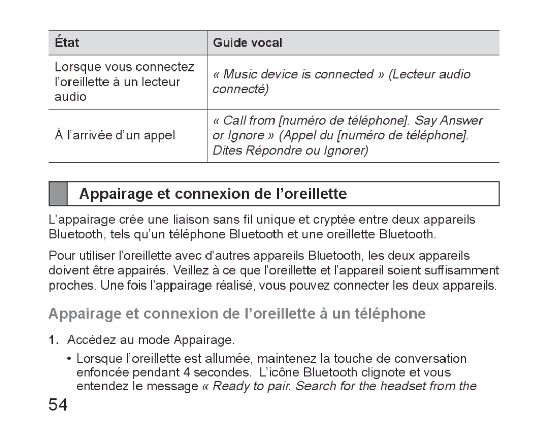 Samsung BHM6450EMEGHAT, BHM6450EMEGXET manual Appairage et connexion de l’oreillette à un téléphone, État Guide vocal 