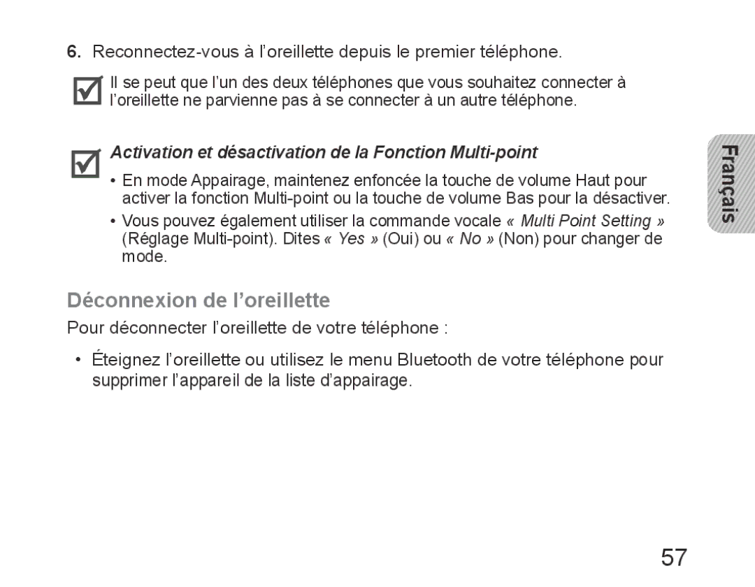 Samsung BHM6450EMEGHAT, BHM6450EMEGXET Déconnexion de l’oreillette, Activation et désactivation de la Fonction Multi-point 