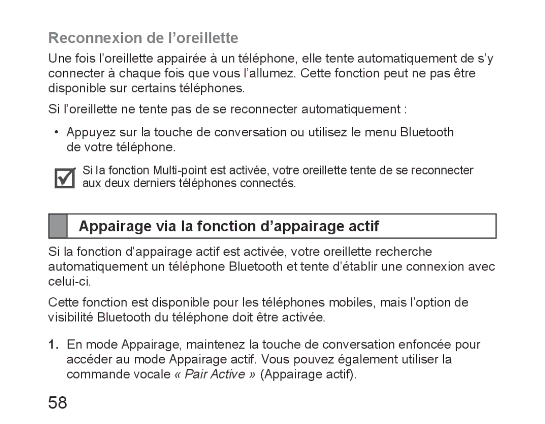 Samsung BHM6450EMEGXET, BHM6450EMEGXEH manual Reconnexion de l’oreillette, Appairage via la fonction d’appairage actif 