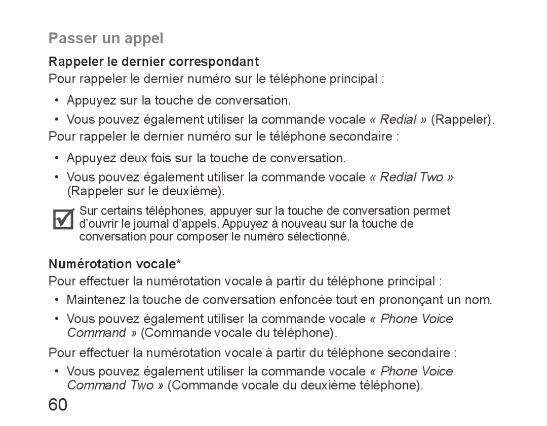 Samsung BHM6450EMEGHAT, BHM6450EMEGXET manual Passer un appel, Rappeler le dernier correspondant, Numérotation vocale 