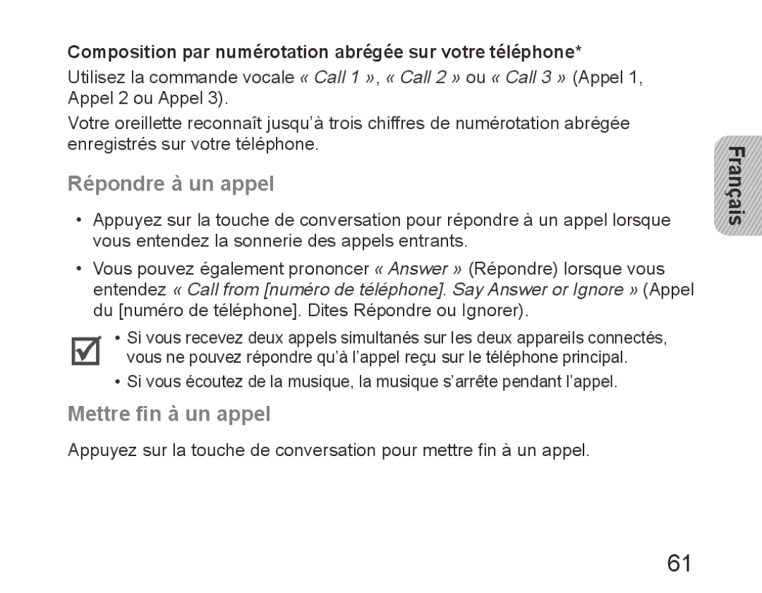 Samsung BHM6450EMEGXET, BHM6450EMEGXEH, BHM6450EMEGHAT manual Répondre à un appel, Mettre fin à un appel 