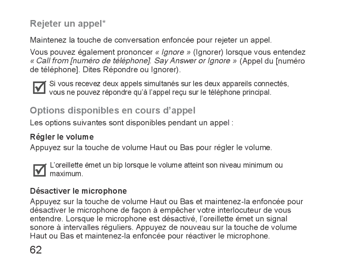 Samsung BHM6450EMEGXEH Rejeter un appel, Options disponibles en cours d’appel, Régler le volume, Désactiver le microphone 