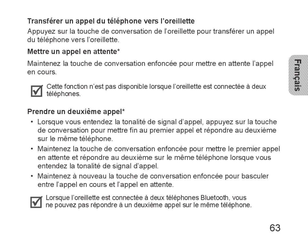 Samsung BHM6450EMEGHAT, BHM6450EMEGXET manual Transférer un appel du téléphone vers l’oreillette, Mettre un appel en attente 