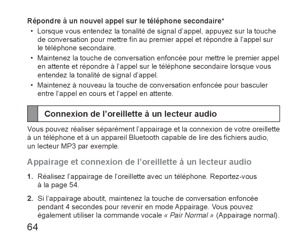 Samsung BHM6450EMEGXET, BHM6450EMEGXEH, BHM6450EMEGHAT manual Connexion de l’oreillette à un lecteur audio 