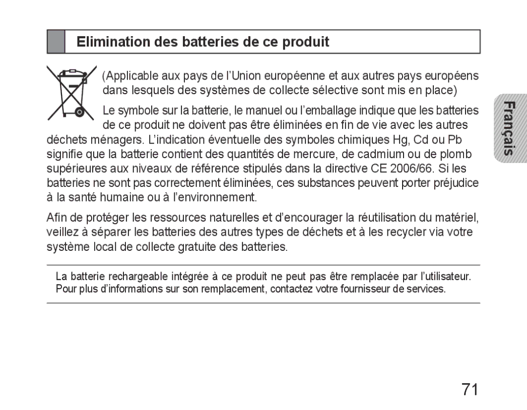 Samsung BHM6450EMEGXEH, BHM6450EMEGXET, BHM6450EMEGHAT manual Elimination des batteries de ce produit 