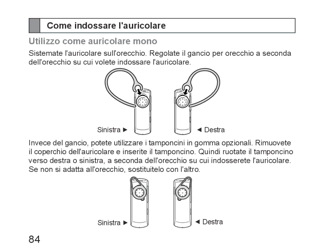 Samsung BHM6450EMEGHAT, BHM6450EMEGXET, BHM6450EMEGXEH manual Come indossare lauricolare, Utilizzo come auricolare mono 