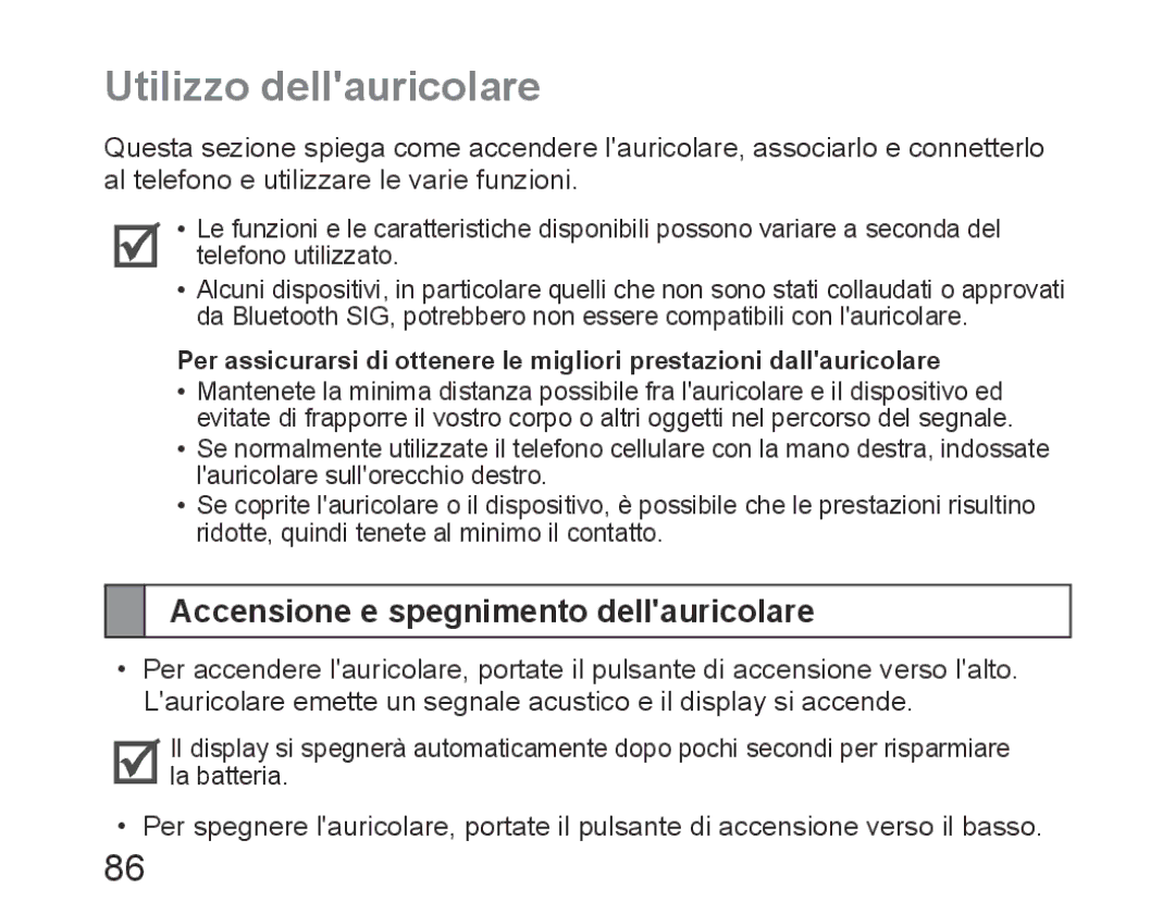 Samsung BHM6450EMEGXEH, BHM6450EMEGXET, BHM6450EMEGHAT Utilizzo dellauricolare, Accensione e spegnimento dellauricolare 