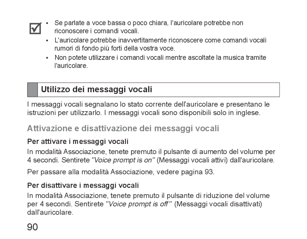 Samsung BHM6450EMEGHAT, BHM6450EMEGXET manual Utilizzo dei messaggi vocali, Attivazione e disattivazione dei messaggi vocali 