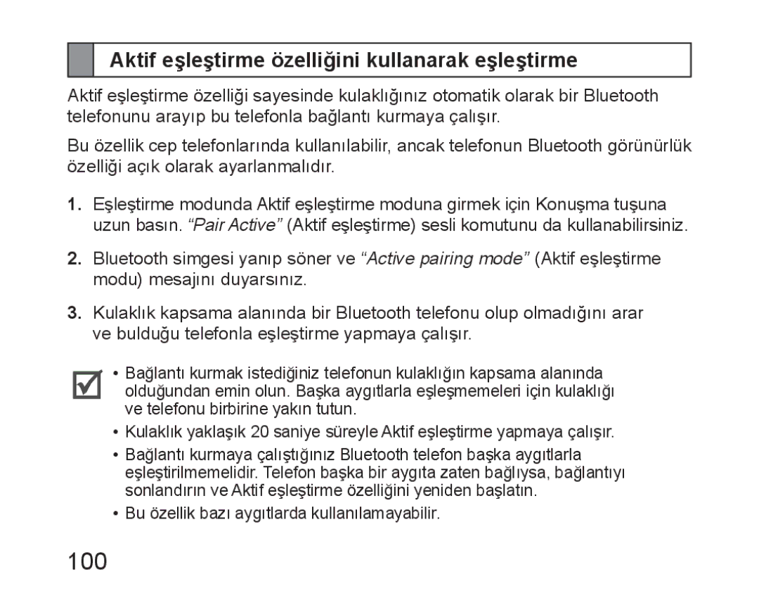 Samsung BHM6450EMEGXET, BHM6450EMEGXEH, BHM6450EMEGHAT manual 100, Aktif eşleştirme özelliğini kullanarak eşleştirme 