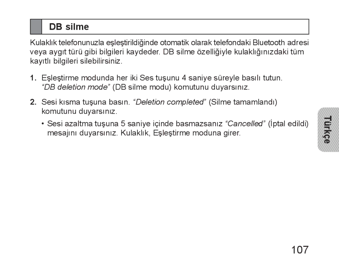 Samsung BHM6450EMEGXEH, BHM6450EMEGXET, BHM6450EMEGHAT manual 107, DB silme 