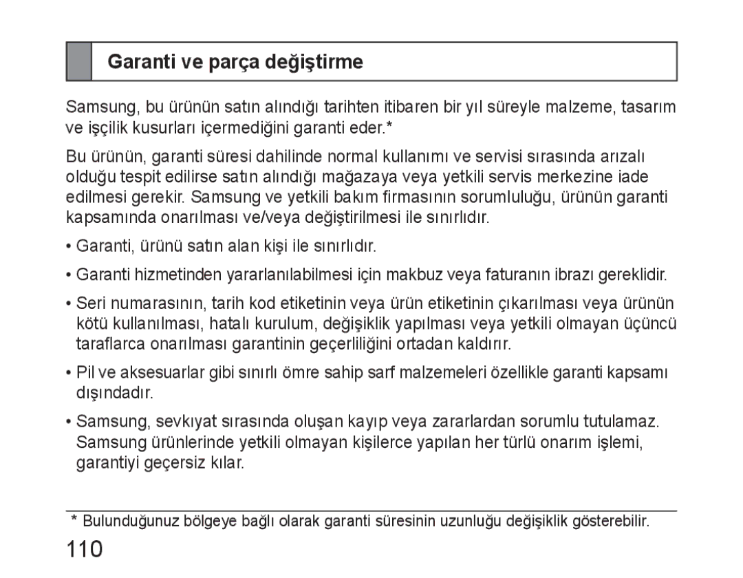 Samsung BHM6450EMEGXEH, BHM6450EMEGXET, BHM6450EMEGHAT manual 110, Garanti ve parça değiştirme 